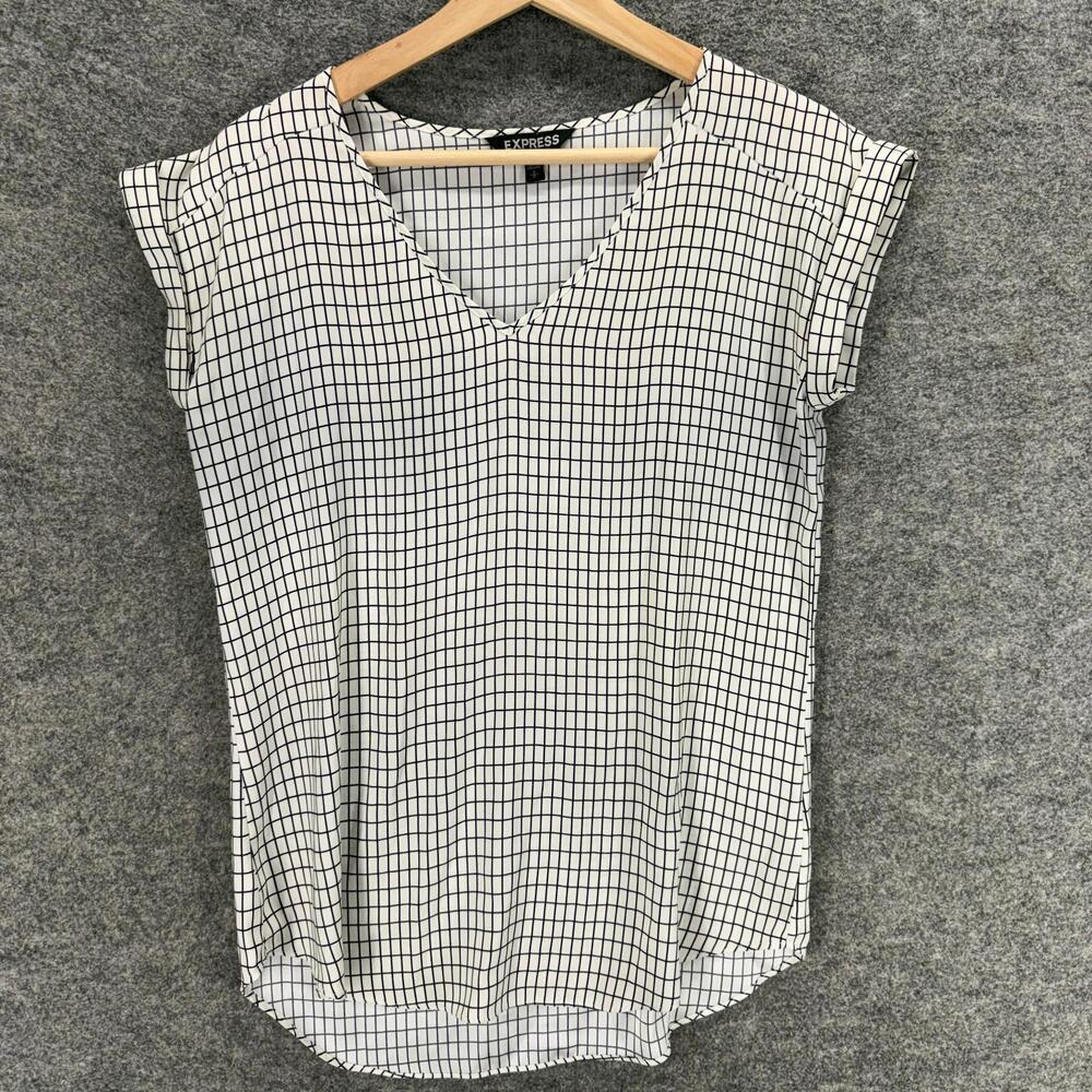 Express Blouse Women S Small White Plaid V-Neck Short Sleeve Pullover Casual